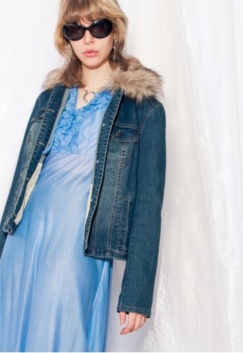 Vintage Dnim Jacket Y2K Faux Fur Collar Coat in Blue