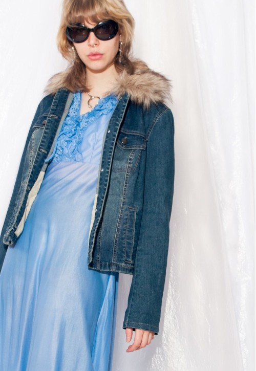 Vintage Dnim Jacket Y2K Faux Fur Collar Coat in Blue