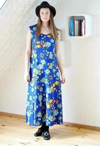 Bright blue long sleeveless vintage floral dress