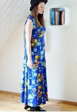 Bright blue long sleeveless vintage floral dress