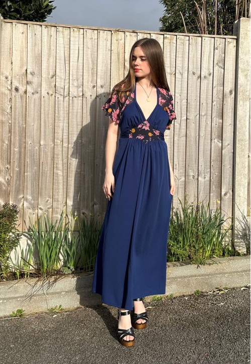 70's Vintage Blue Floral Halter Neck Caped Maxi Dress