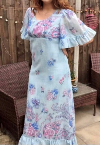 70s floaty floral boho ruffle hem maxi dress blue