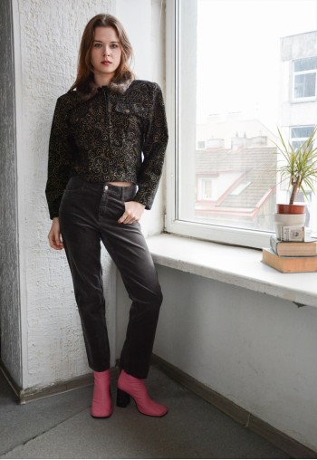 Vintage Black Patterned Faux Fur Collar Jacket