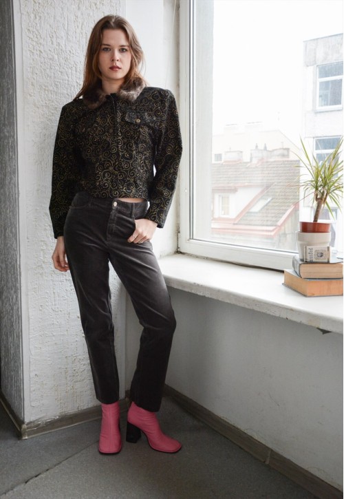 Vintage Black Patterned Faux Fur Collar Jacket