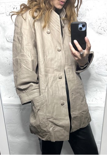Vintage 80s Oversized Nude Leather Coat / Jacket - M