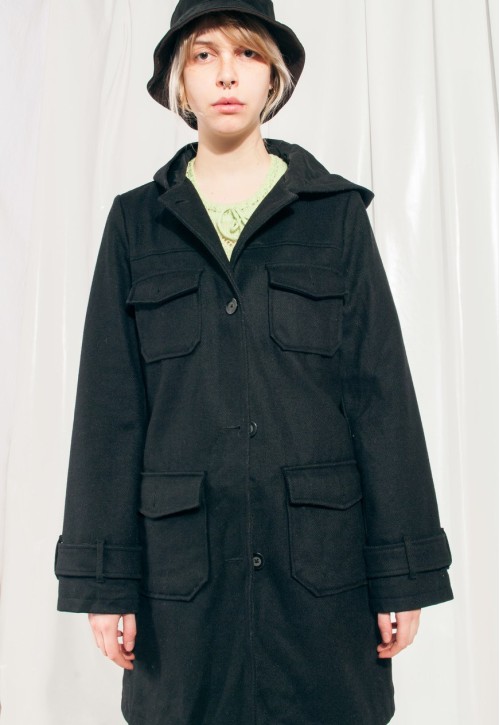 Vintage Coat Y2K Hooded Winter Jacket in Black Wool